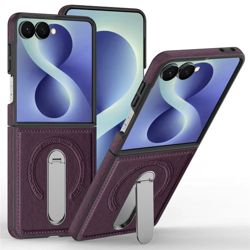 For Samsung Galaxy Z Flip8 Magnetic Case Rotating Kickstand Leather Coated PC Phone Cover - Dark Purple - 1