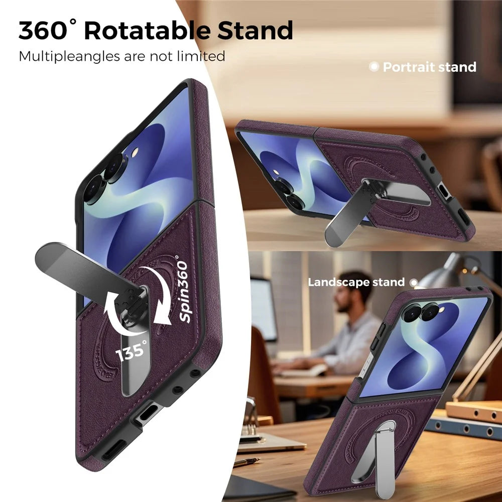 For Samsung Galaxy Z Flip8 Magnetic Case Rotating Kickstand Leather Coated PC Phone Cover - Dark Purple - 5