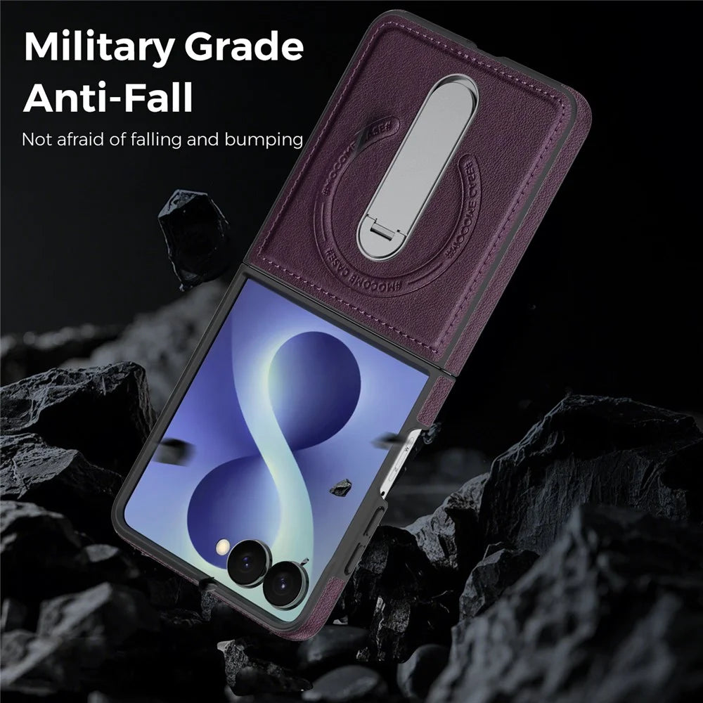 For Samsung Galaxy Z Flip8 Magnetic Case Rotating Kickstand Leather Coated PC Phone Cover - Dark Purple - 6