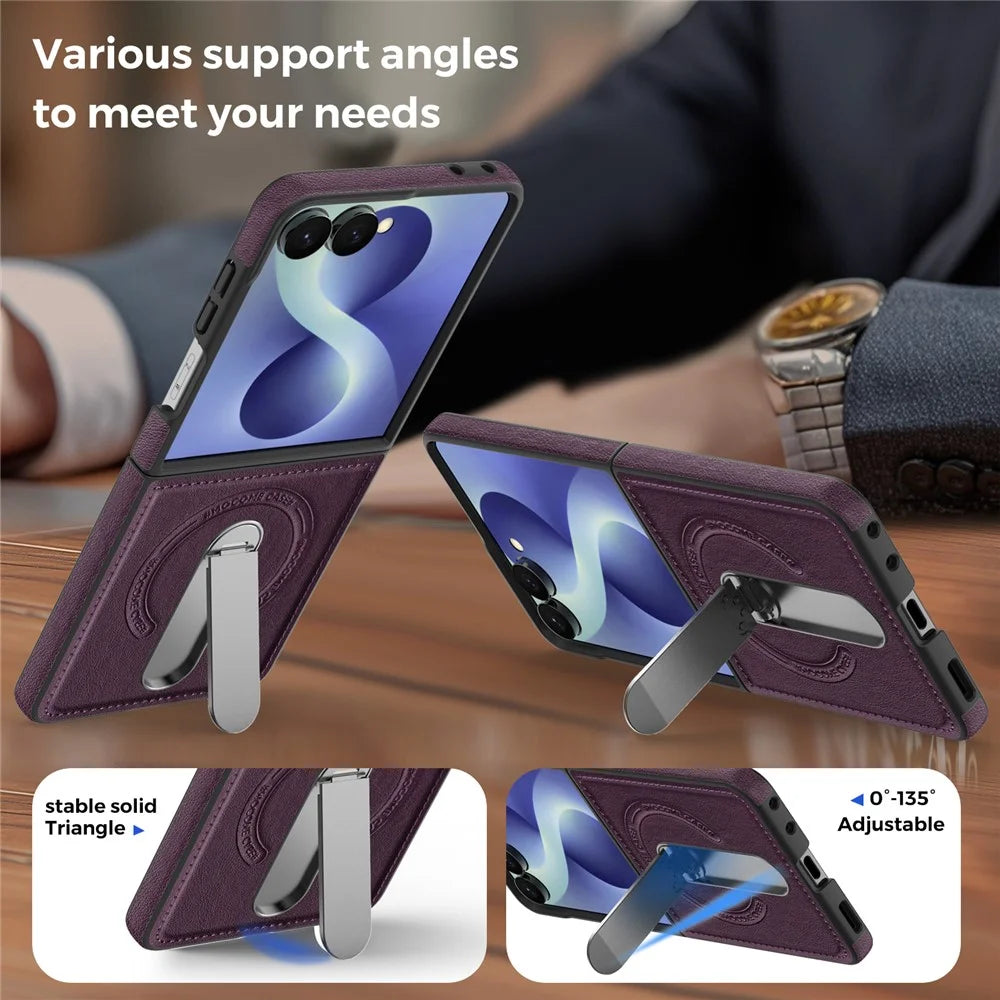 For Samsung Galaxy Z Flip8 Magnetic Case Rotating Kickstand Leather Coated PC Phone Cover - Dark Purple - 7