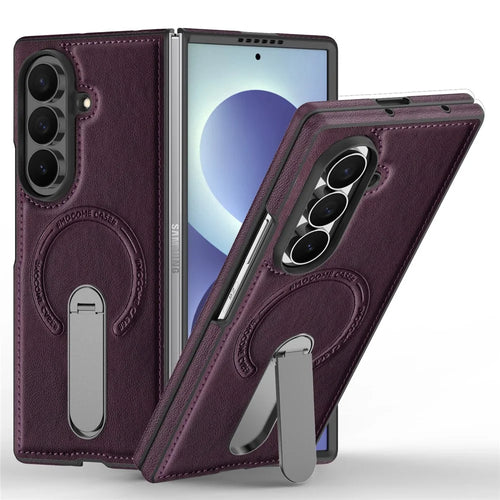 For Samsung Galaxy Z Fold8 Ultra Magnetic Case Rotating Kickstand Leather Coated PC Phone Cover - Dark Purple - 1