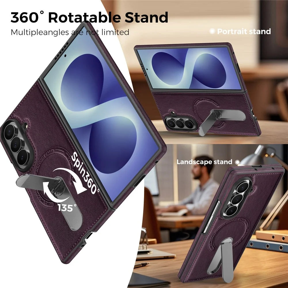 For Samsung Galaxy Z Fold8 Ultra Magnetic Case Rotating Kickstand Leather Coated PC Phone Cover - Dark Purple - 5