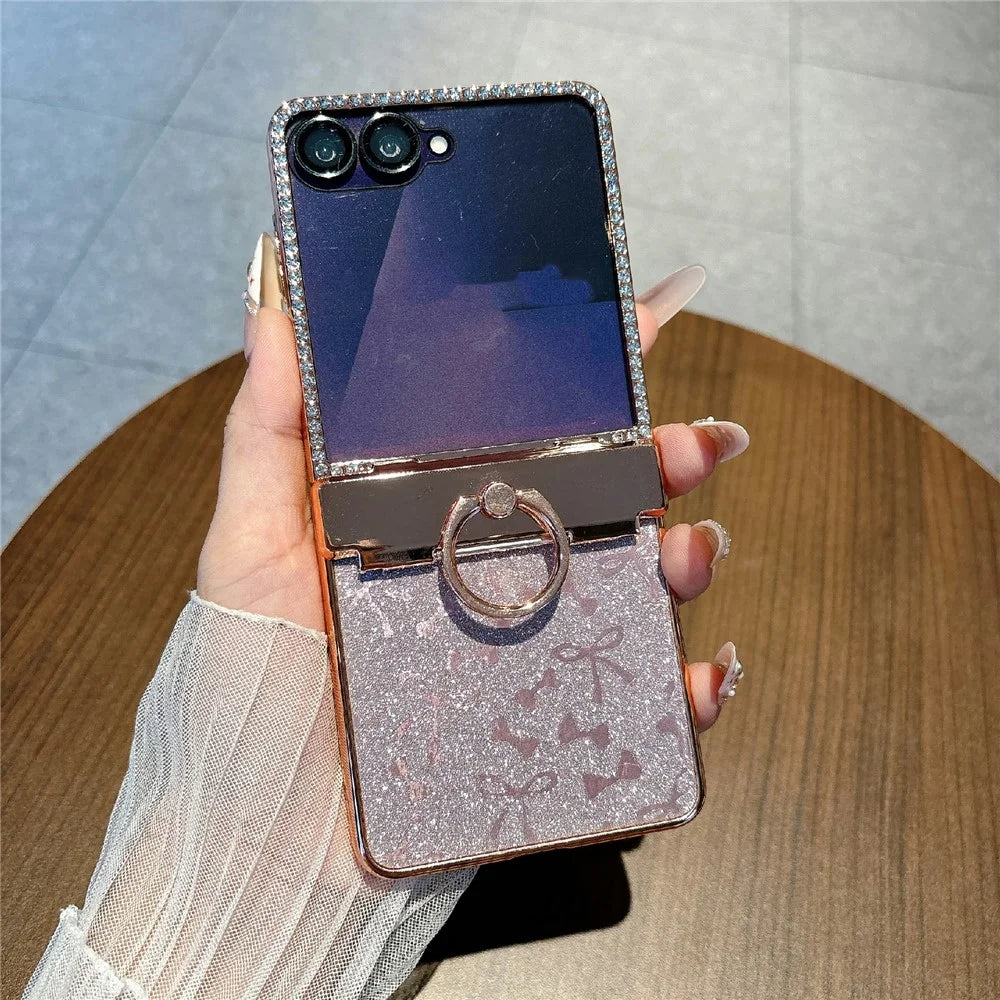 For Samsung Galaxy Z Flip7 5G Case with Ring Holder Kickstand Bow Design Glitter PC Phone Cover - Pink - 1