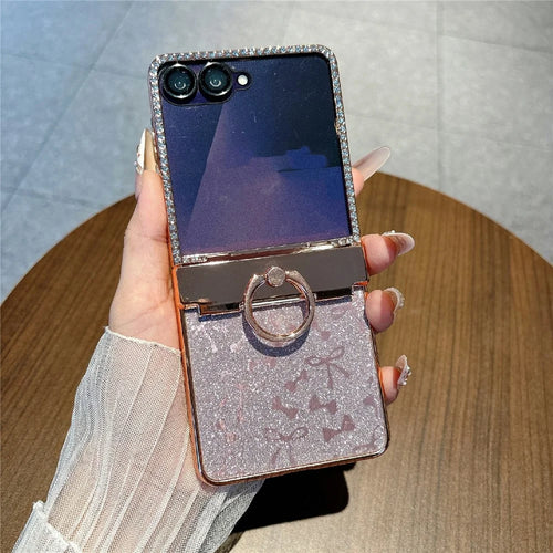 For Samsung Galaxy Z Flip7 5G Case with Ring Holder Kickstand Bow Design Glitter PC Phone Cover - Pink - 1
