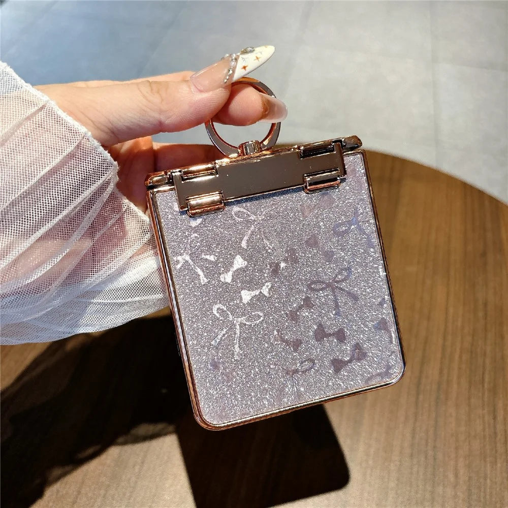 For Samsung Galaxy Z Flip7 5G Case with Ring Holder Kickstand Bow Design Glitter PC Phone Cover - Pink - 6