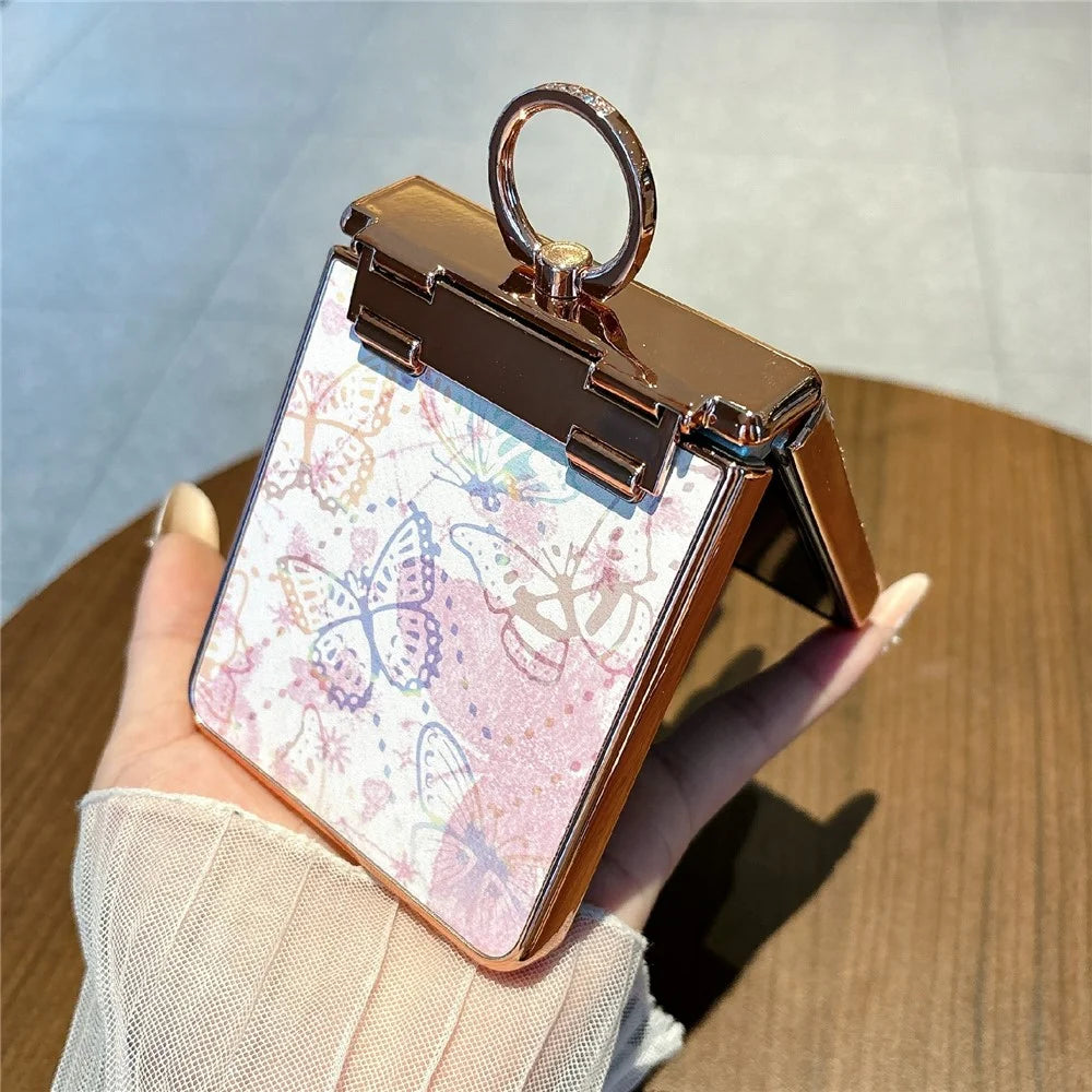 For Samsung Galaxy Z Flip7 5G Case Butterfly Pattern PC Protective Cover with Ring Kickstand - Pink - 7