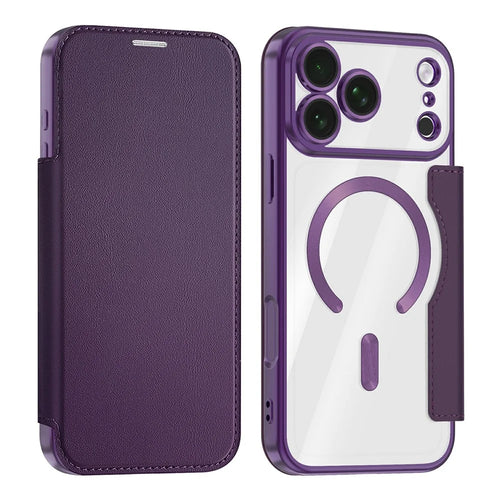 For iPhone 18 Pro Magnetic Case RFID Blocking Card Holder Leather Phone Cover with Lens Film - Dark Purple - 1