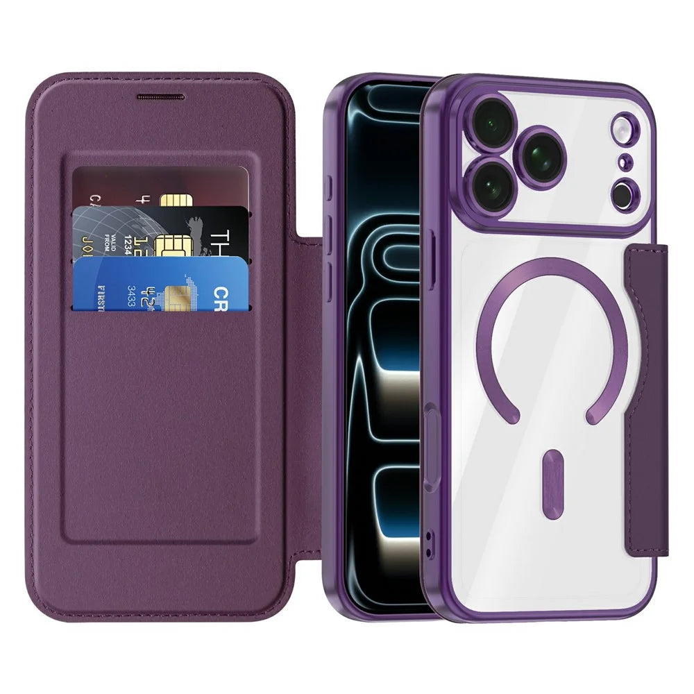 For iPhone 18 Pro Magnetic Case RFID Blocking Card Holder Leather Phone Cover with Lens Film - Dark Purple - 2