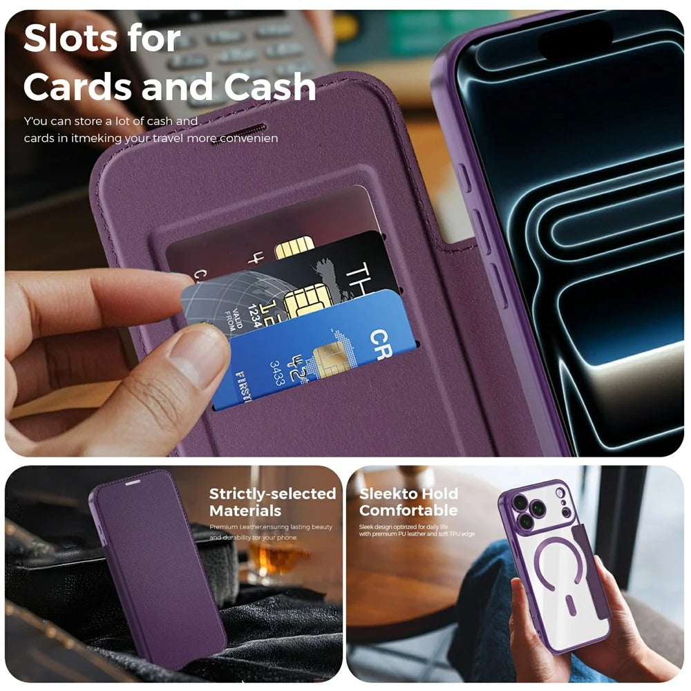For iPhone 18 Pro Magnetic Case RFID Blocking Card Holder Leather Phone Cover with Lens Film - Dark Purple - 3