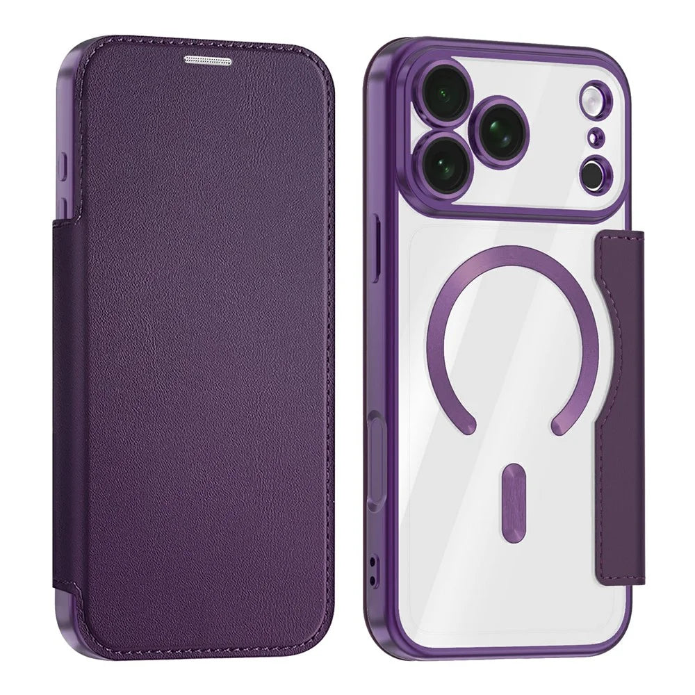 For iPhone 18 Pro Max Magnetic Case RFID Blocking Card Holder Leather Phone Cover with Lens Film - Dark Purple - 1
