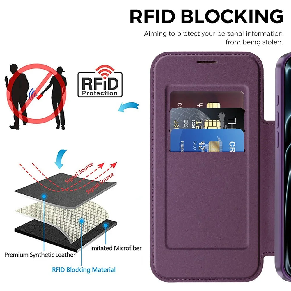 For iPhone 18 Pro Max Magnetic Case RFID Blocking Card Holder Leather Phone Cover with Lens Film - Dark Purple - 5