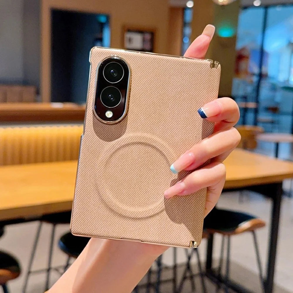 For Samsung Galaxy Z Fold8 Magnetic Case Dual Hinge Denim Texture Leather + PC + TPU Phone Cover - Khaki - 1