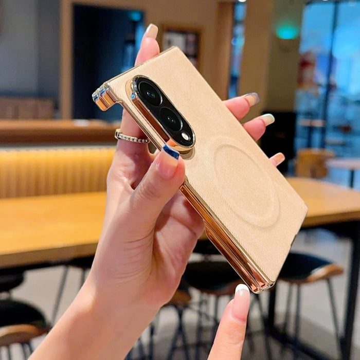 For Samsung Galaxy Z Fold8 Magnetic Case Dual Hinge Denim Texture Leather + PC + TPU Phone Cover - Khaki - 5