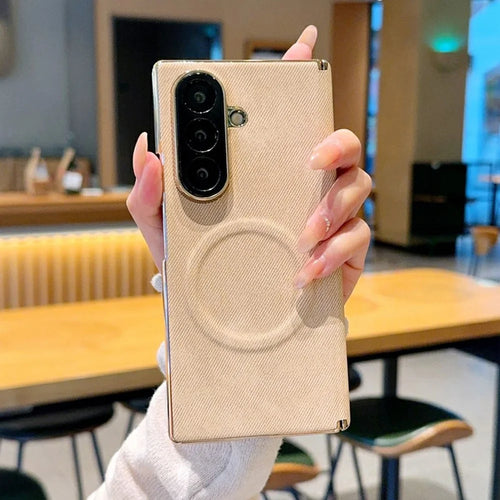 For Samsung Galaxy Z Fold8 Ultra Magnetic Case Dual Hinge Denim Texture Leather + PC + TPU Phone Cover - Khaki - 1