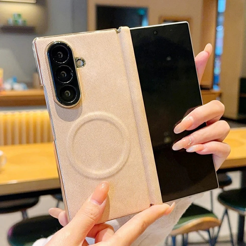 For Samsung Galaxy Z Fold8 Ultra Magnetic Case Dual Hinge Denim Texture Leather + PC + TPU Phone Cover - Khaki - 2