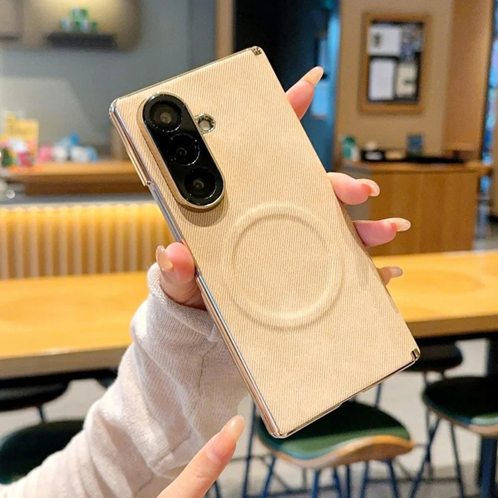 For Samsung Galaxy Z Fold8 Ultra Magnetic Case Dual Hinge Denim Texture Leather + PC + TPU Phone Cover - Khaki - 3