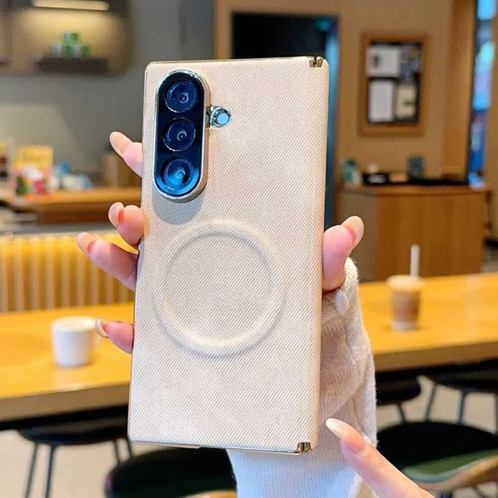 For Samsung Galaxy Z Fold8 Ultra Magnetic Case Dual Hinge Denim Texture Leather + PC + TPU Phone Cover - Khaki - 5
