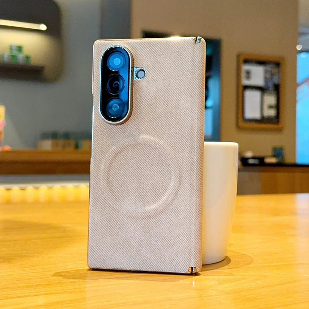For Samsung Galaxy Z Fold8 Ultra Magnetic Case Dual Hinge Denim Texture Leather + PC + TPU Phone Cover - Khaki - 6