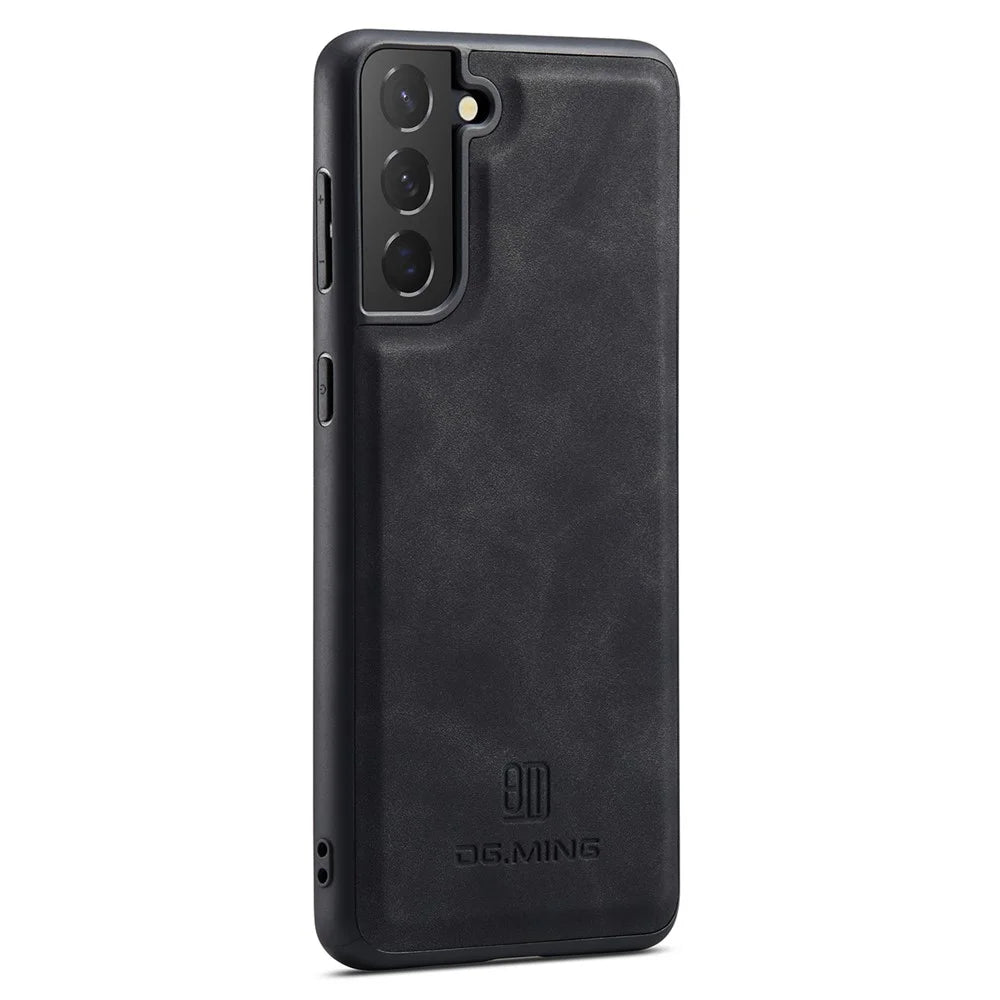 DG.MING For Samsung Galaxy S21 FE 5G Case PU Leather Covered PC + TPU Hybrid Phone Shell - Black - 3