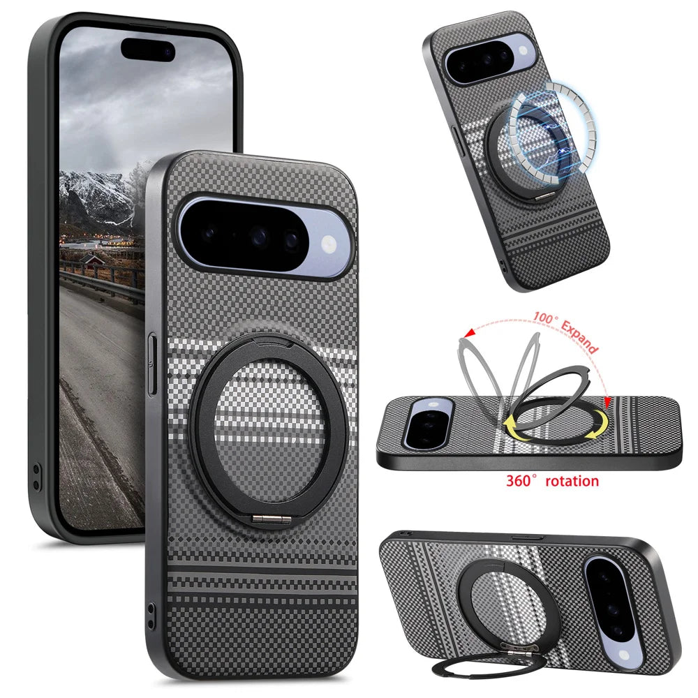 For Google Pixel 11 / Google Pixel 11 Pro Magnetic Case Rotation Kickstand PU Leather + TPU Phone Cover - Black - 1