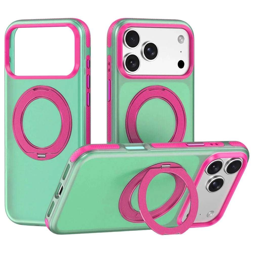 For iPhone 18 Pro / 17 Pro Case with Rotating Magnetic Kickstand Matte PC+TPU+TPE Shockproof Phone Cover - Green - 1