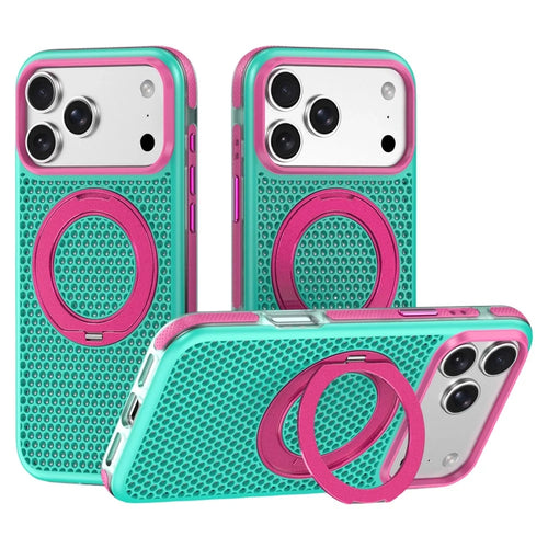 For iPhone 18 Pro Max / 17 Pro Max Color Block Magnetic Phone Case with Rotating Kickstand PC+TPU+TPE Cooling Honeycomb Phone Cover - Green - 1