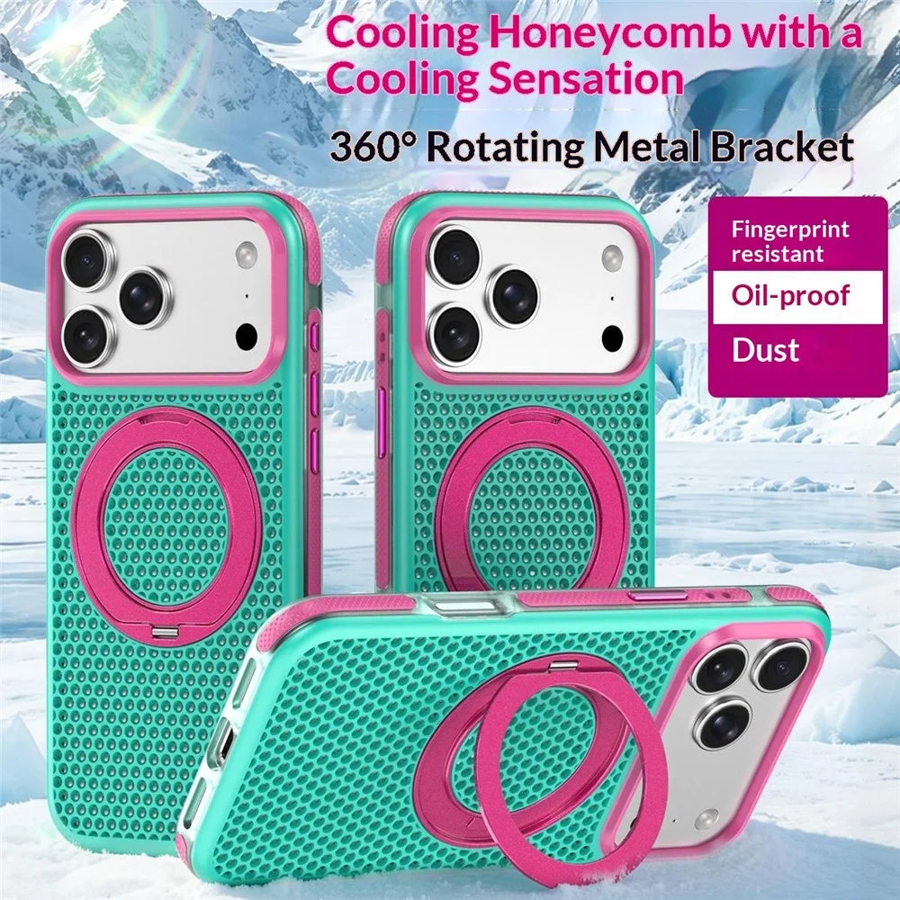 For iPhone 18 Pro Max / 17 Pro Max Color Block Magnetic Phone Case with Rotating Kickstand PC+TPU+TPE Cooling Honeycomb Phone Cover - Green - 2