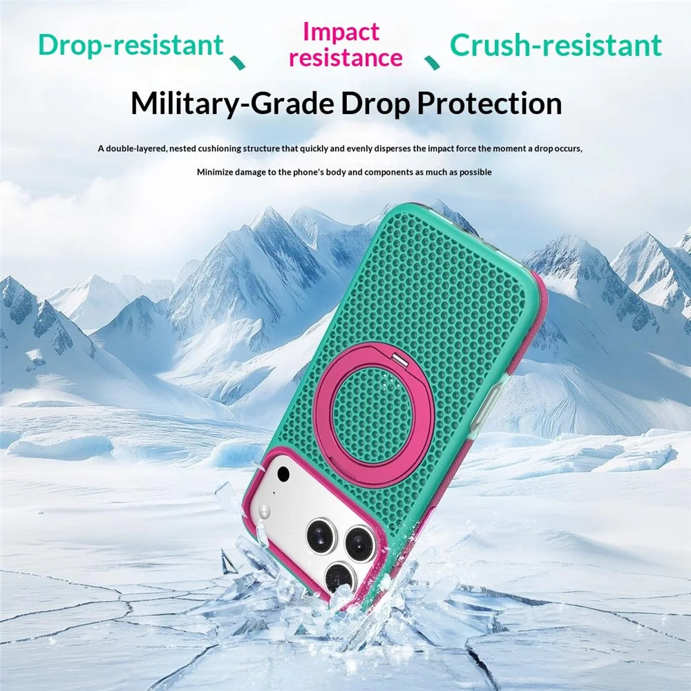 For iPhone 18 Pro Max / 17 Pro Max Color Block Magnetic Phone Case with Rotating Kickstand PC+TPU+TPE Cooling Honeycomb Phone Cover - Green - 6
