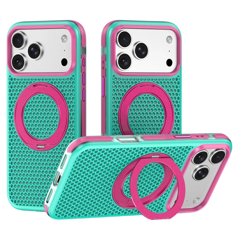 For iPhone 18 Pro / 17 Pro Case Magnetic Kickstand PC+TPU+TPE Honeycomb Cooling Phone Cover - Green - 1