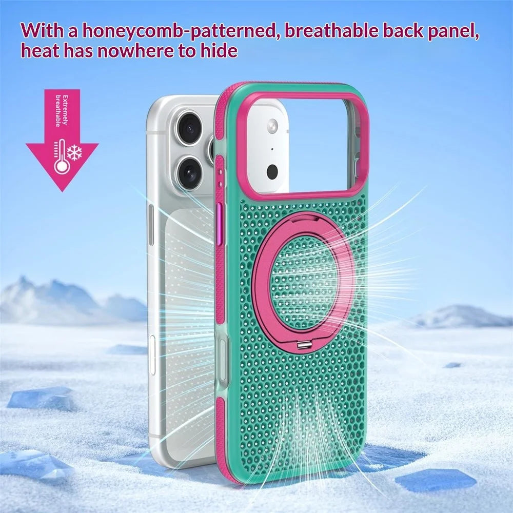For iPhone 18 Pro / 17 Pro Case Magnetic Kickstand PC+TPU+TPE Honeycomb Cooling Phone Cover - Green - 4