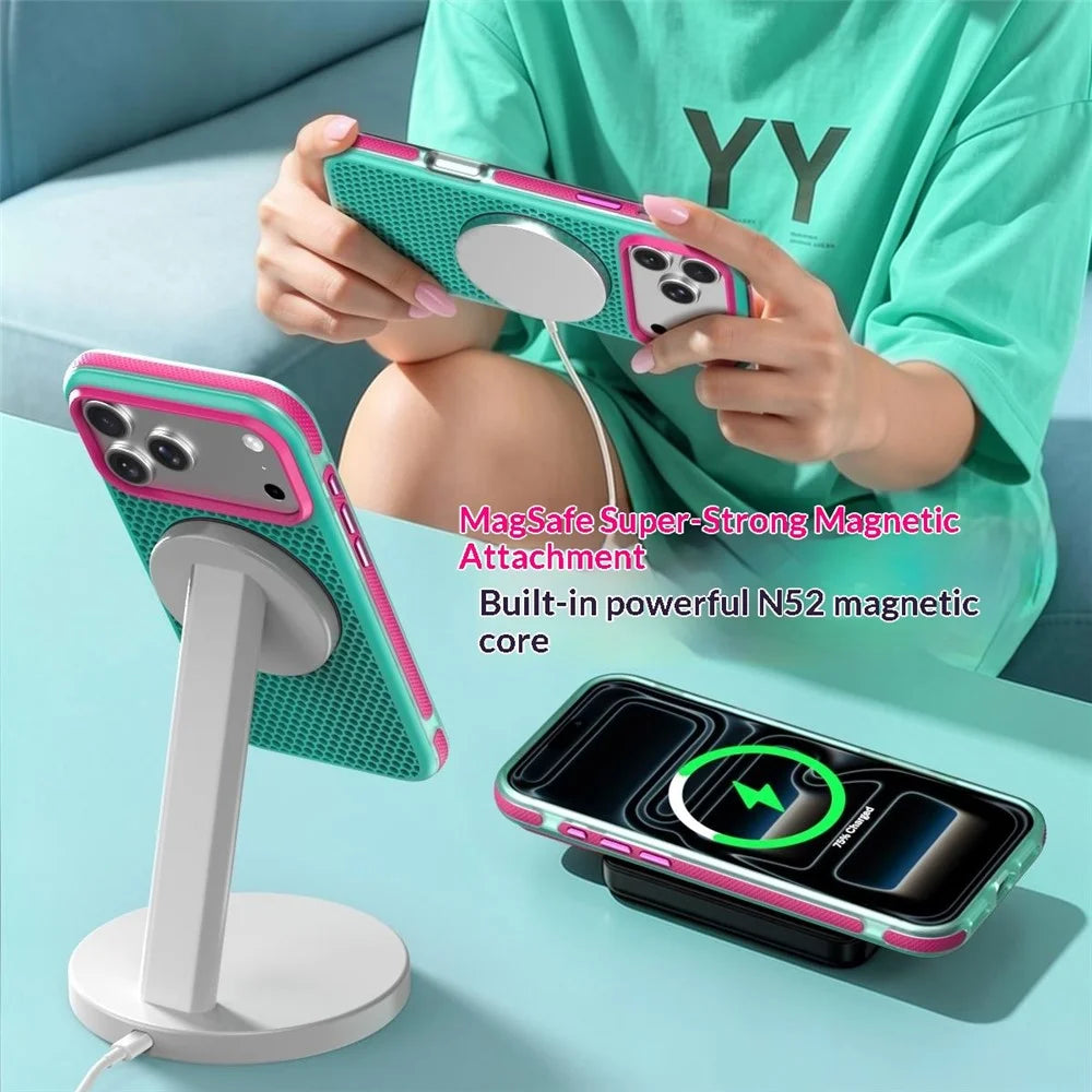 For iPhone 18 Pro / 17 Pro Case Magnetic Kickstand PC+TPU+TPE Honeycomb Cooling Phone Cover - Green - 7