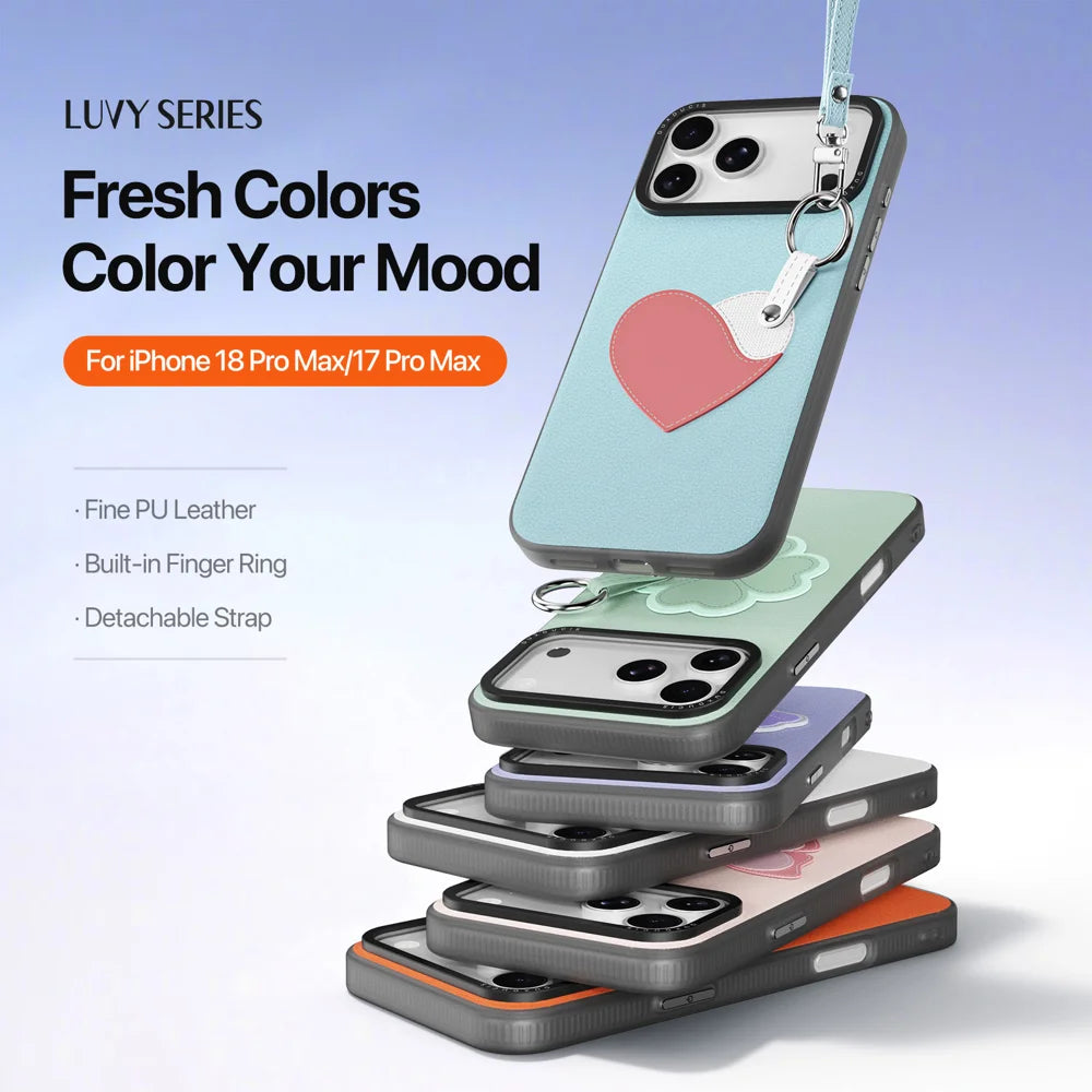 DUX DUCIS for iPhone 18 Pro Max / 17 Pro Max Case  Luvy Series PU Leather + PC Phone Case with Finger Ring / Strap - Sky Blue-Love - 4