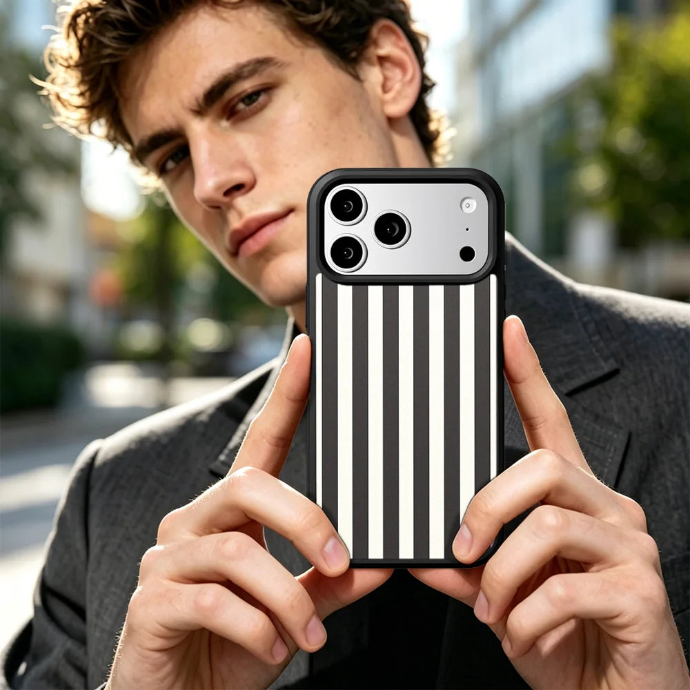 EYCASE for iPhone 17 Pro / iPhone 18 Pro Striped Series Case Compatible with MagSafe TPU + Acrylic Phone Cover - Black / White Stripes - 7