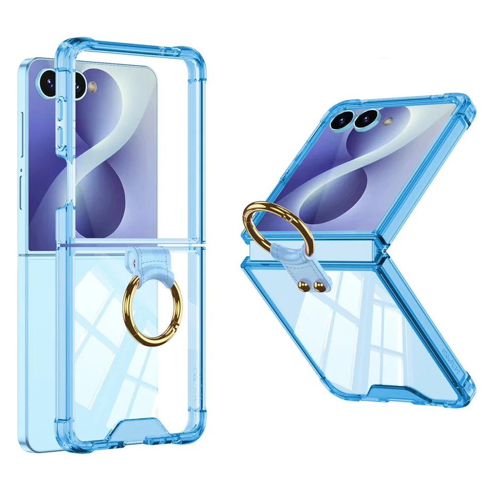 GKK For Samsung Galaxy Z Flip8 Case Airbag Drop Proof TPU Phone Cover with Ring Kickstand / Screen Film - Transparent Blue - 1