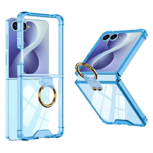 GKK For Samsung Galaxy Z Flip8 Case Airbag Drop Proof TPU Phone Cover with Ring Kickstand / Screen Film - Transparent Blue - 1