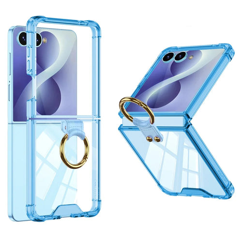 For Samsung Galaxy Z Flip8 Case Airbag Drop Proof TPU Phone Cover with Ring Kickstand - Transparent Blue - 1