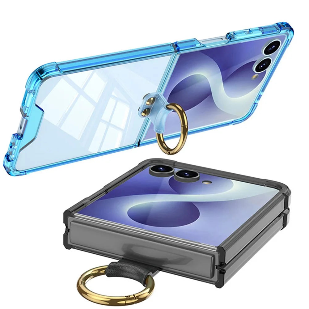 For Samsung Galaxy Z Flip8 Case Airbag Drop Proof TPU Phone Cover with Ring Kickstand - Transparent Blue - 4