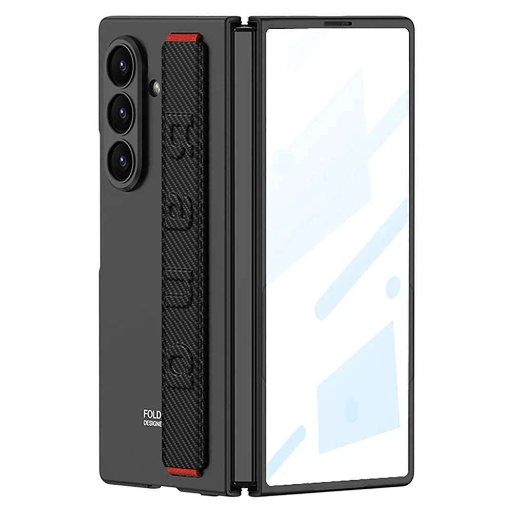 GKK For Samsung Galaxy Z Fold8 Ultra Case Wristband Foldable PC Phone Cover with Front Screen Protector - Black / Carbon Fiber Texture - 1