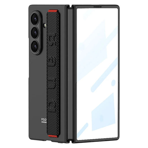 GKK For Samsung Galaxy Z Fold8 Ultra Case Wristband Foldable PC Phone Cover with Front Screen Protector - Black / Carbon Fiber Texture - 1