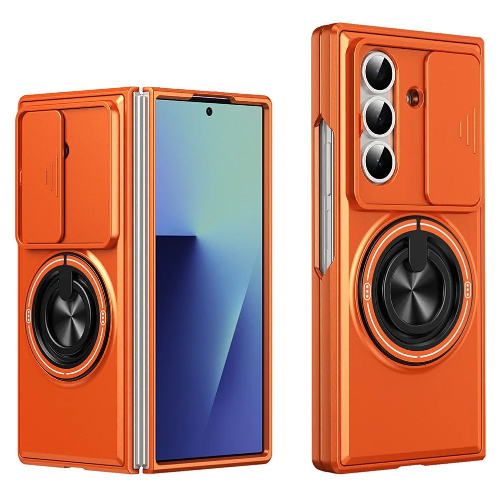 For Samsung Galaxy Z Fold8 Ultra Magnetic Case Ring Holder Foldable Kickstand PC Phone Cover with Camera Lens Slider - Orange - 1