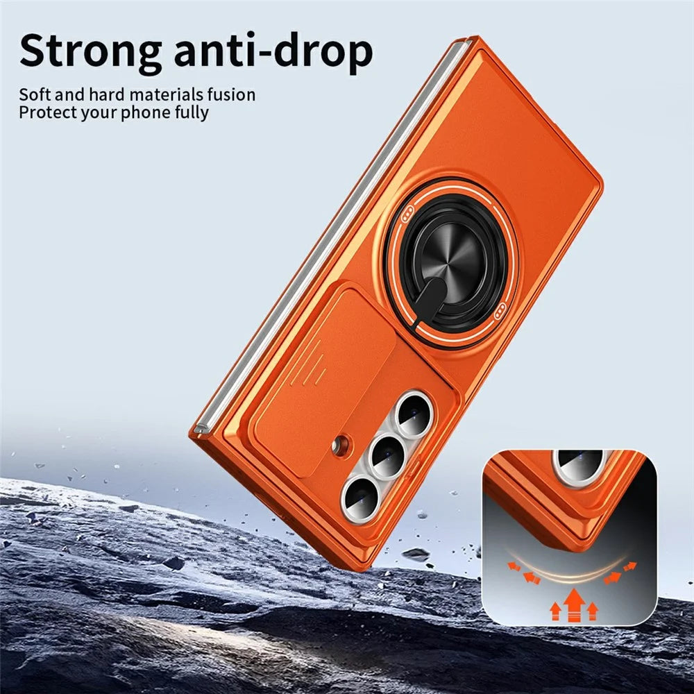 For Samsung Galaxy Z Fold8 Ultra Magnetic Case Ring Holder Foldable Kickstand PC Phone Cover with Camera Lens Slider - Orange - 3