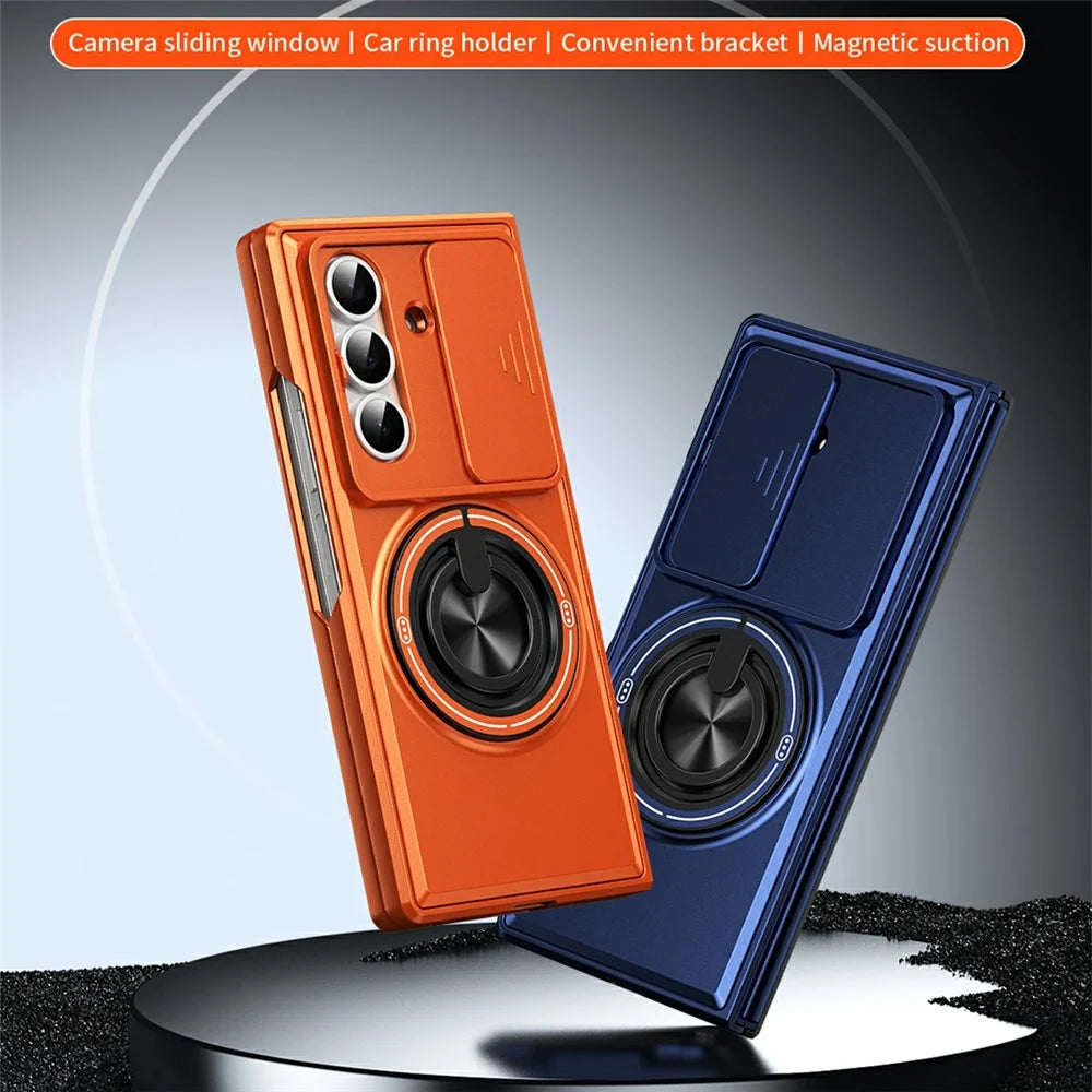 For Samsung Galaxy Z Fold8 Ultra Magnetic Case Ring Holder Foldable Kickstand PC Phone Cover with Camera Lens Slider - Orange - 4