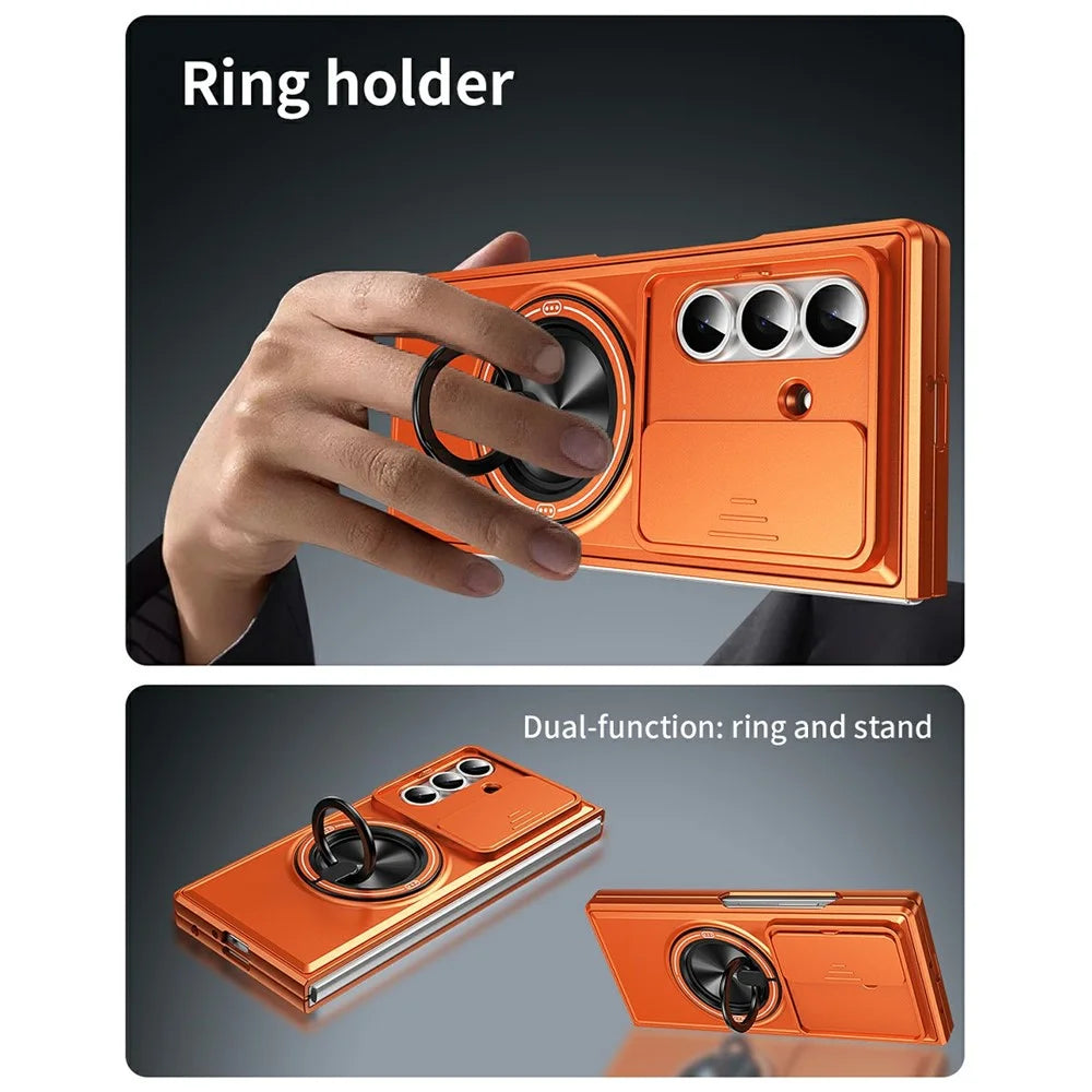 For Samsung Galaxy Z Fold8 Ultra Magnetic Case Ring Holder Foldable Kickstand PC Phone Cover with Camera Lens Slider - Orange - 5