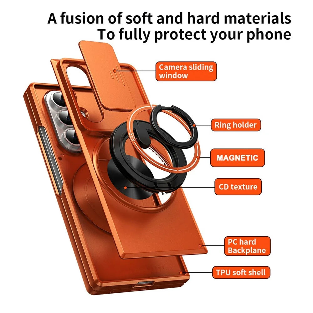 For Samsung Galaxy Z Fold8 Ultra Magnetic Case Ring Holder Foldable Kickstand PC Phone Cover with Camera Lens Slider - Orange - 7