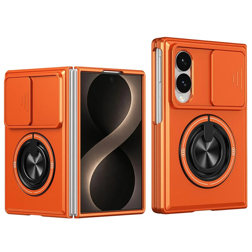 For Samsung Galaxy Z Fold8 Magnetic Case Ring Holder Foldable Kickstand PC Phone Cover with Camera Lens Slider - Orange - 1