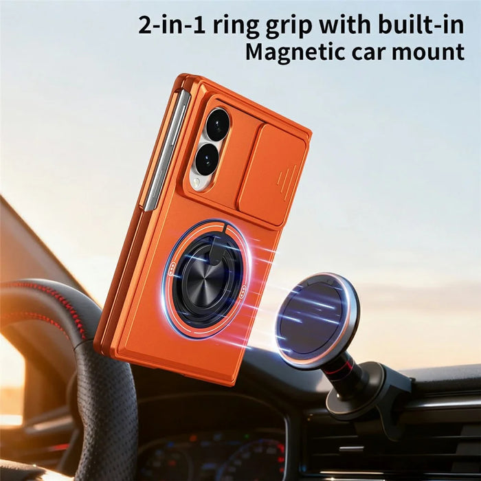 For Samsung Galaxy Z Fold8 Magnetic Case Ring Holder Foldable Kickstand PC Phone Cover with Camera Lens Slider - Orange - 2
