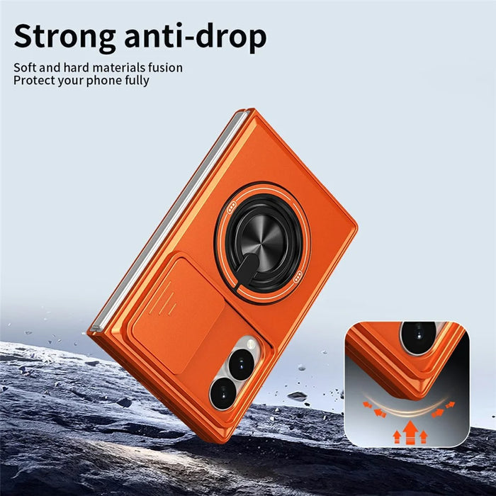 For Samsung Galaxy Z Fold8 Magnetic Case Ring Holder Foldable Kickstand PC Phone Cover with Camera Lens Slider - Orange - 3