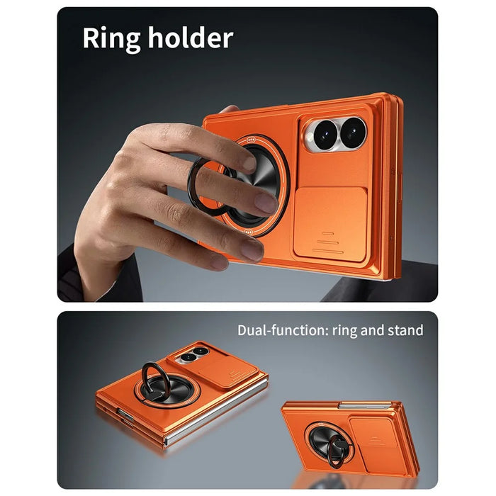 For Samsung Galaxy Z Fold8 Magnetic Case Ring Holder Foldable Kickstand PC Phone Cover with Camera Lens Slider - Orange - 5