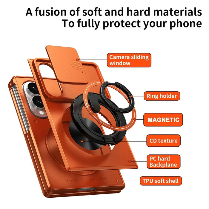 For Samsung Galaxy Z Fold8 Magnetic Case Ring Holder Foldable Kickstand PC Phone Cover with Camera Lens Slider - Orange - 7