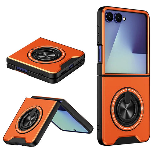 For Samsung Galaxy Z Flip8 Magnetic Case Ring Holder Foldable Kickstand TPU PC Phone Cover with Camera Lens Slider - Orange - 1